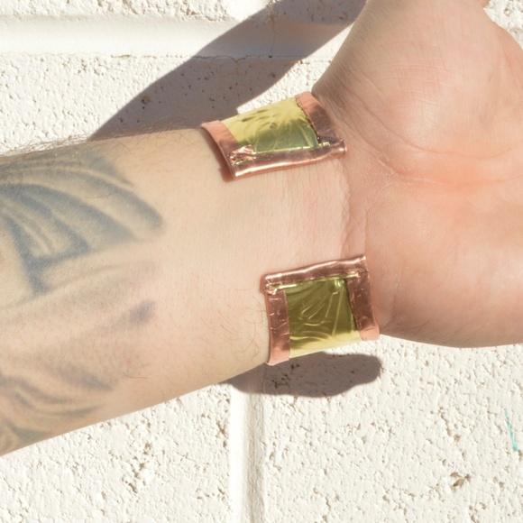 Rustic Brass Copper Cuff Bracelet Wide Floral Cowboy Gift Unisex Rustic Handmade - Picture 9 of 12